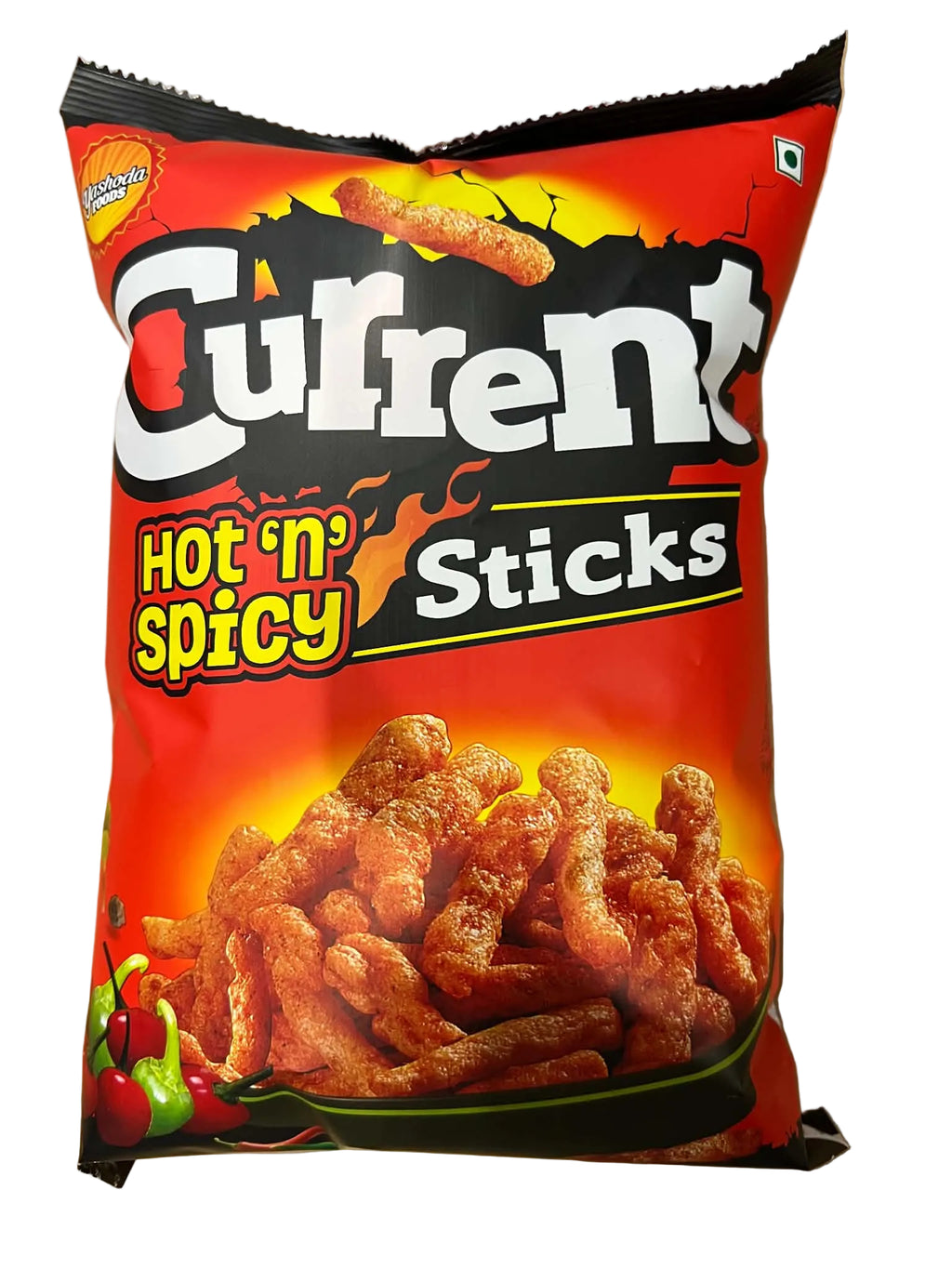 A bag of Current Hot 'N' Spicy Sticks snack chips, featuring a bright red packaging design with a graphic of the spicy orange-red sticks and a small Indian Tricolor mark in the top right corner.