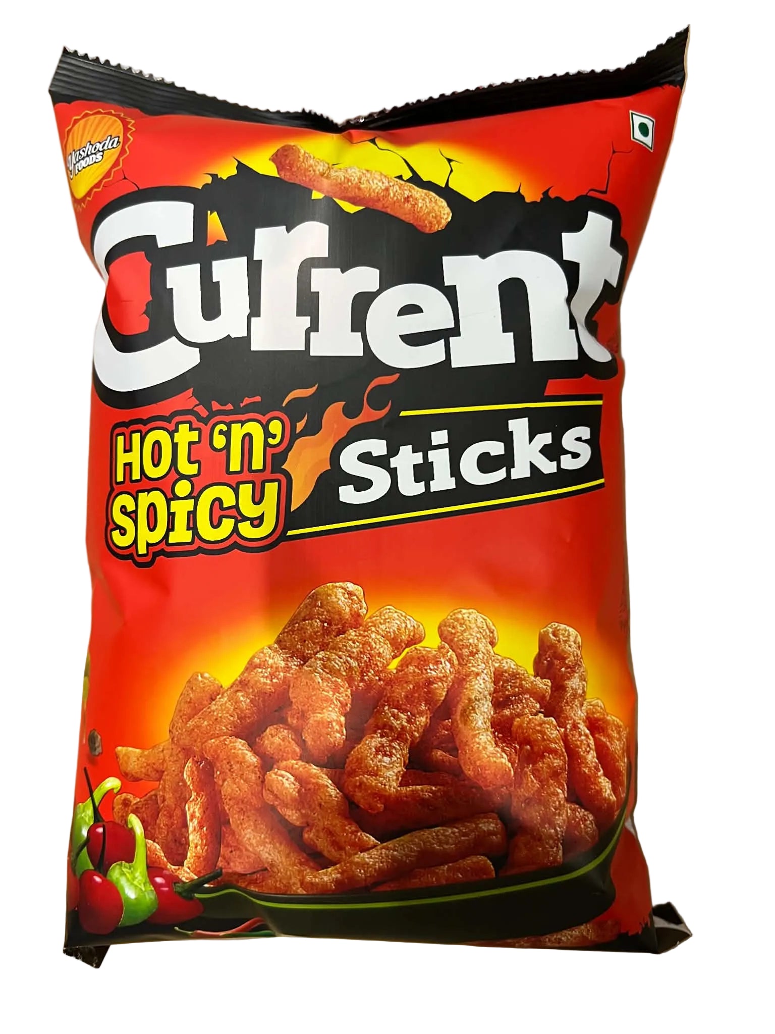 A bag of Current Hot 'N' Spicy Sticks snack chips, featuring a bright red packaging design with a graphic of the spicy orange-red sticks and a small Indian Tricolor mark in the top right corner.