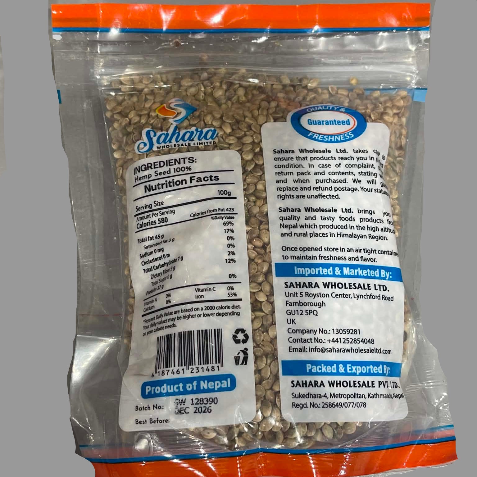 A clear plastic bag of Sahara Whole Seed Coffee, showing the back of the packaging with product details, nutrition facts, and shipping information, set against a neutral gray background.