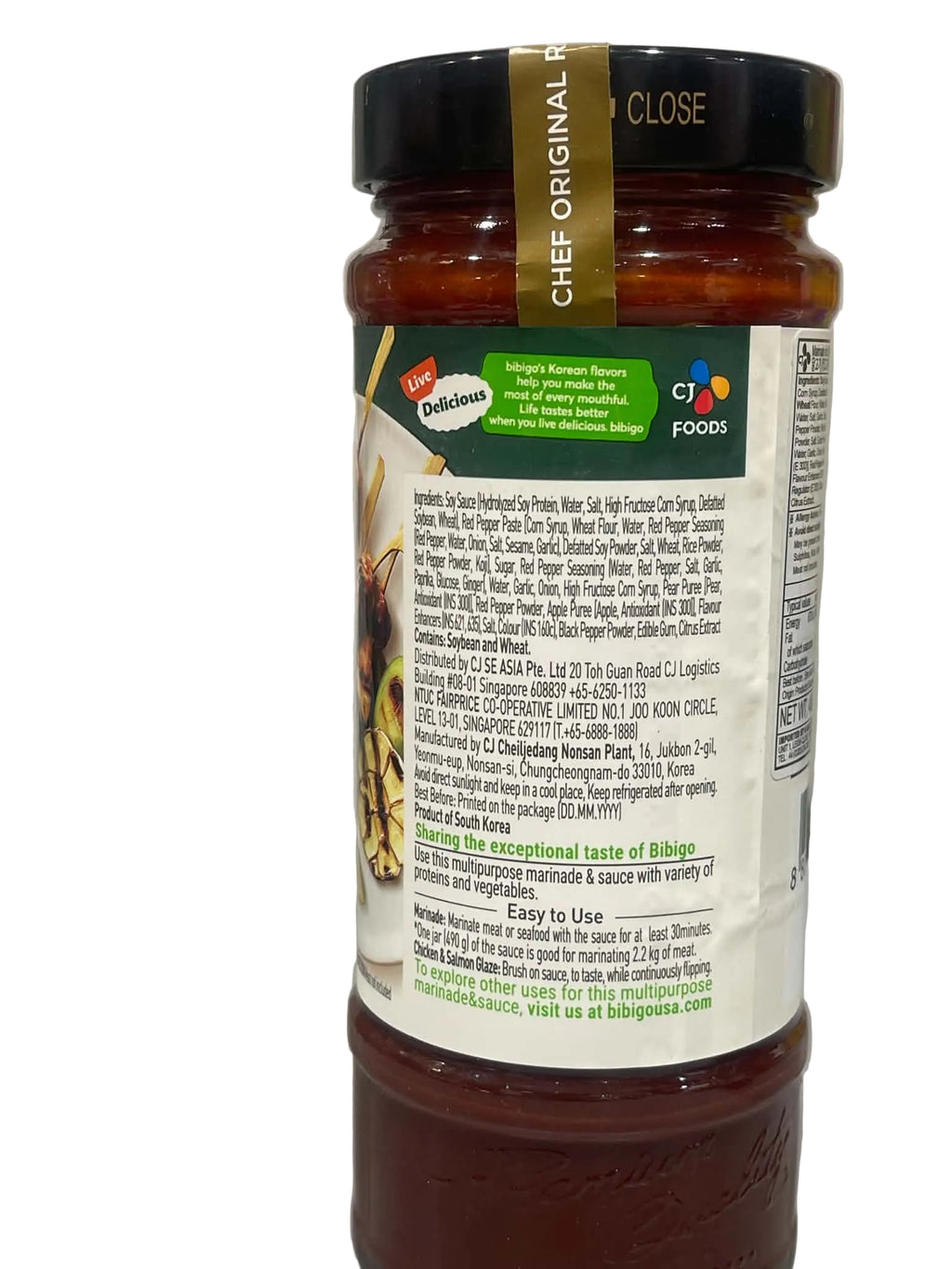 A jar of CJ Foods Chef Original Ribs sauce, showing the back label and black lid against a neutral light gray background.