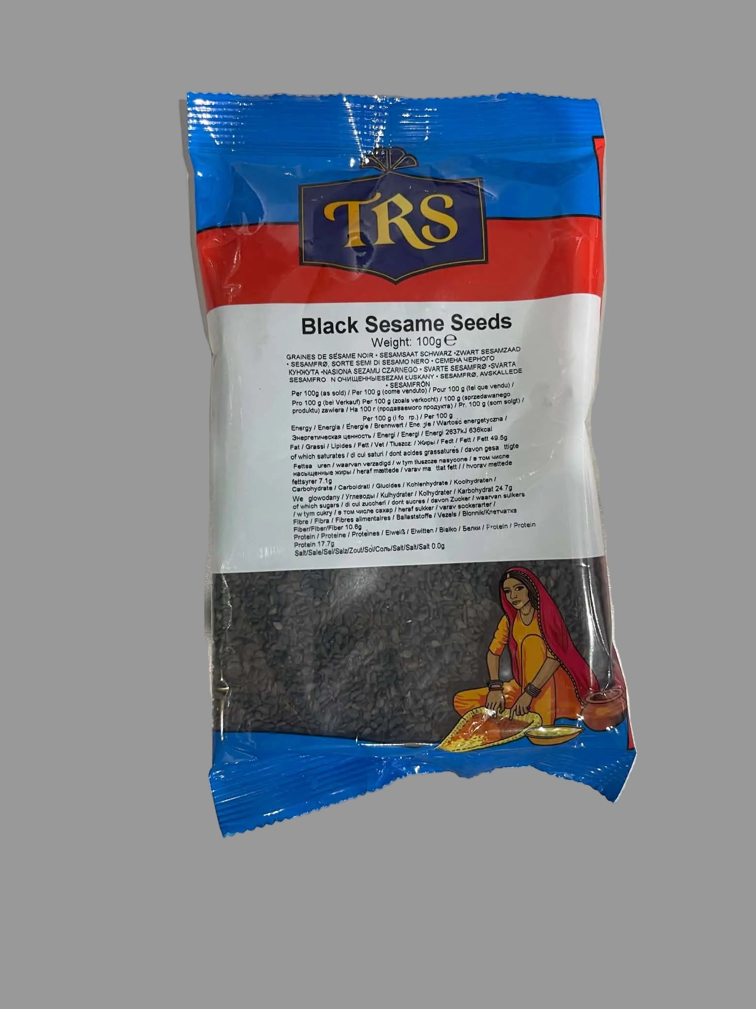 A 100g packet ofTRS Black Sesame Seeds on a light gray surface. The packaging features a blue and red top section with the TRS logo, a white middle section with product details, and a clear lower section showing the black sesame seeds inside.