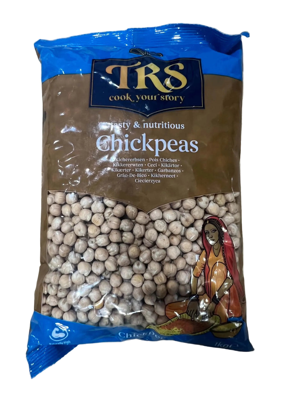A bag of TFS Organic Chickpeas on a neutral beige tiled surface. The packaging features a brown central section showing the cooked chickpeas, flanked by blue side panels with the TFS logo.