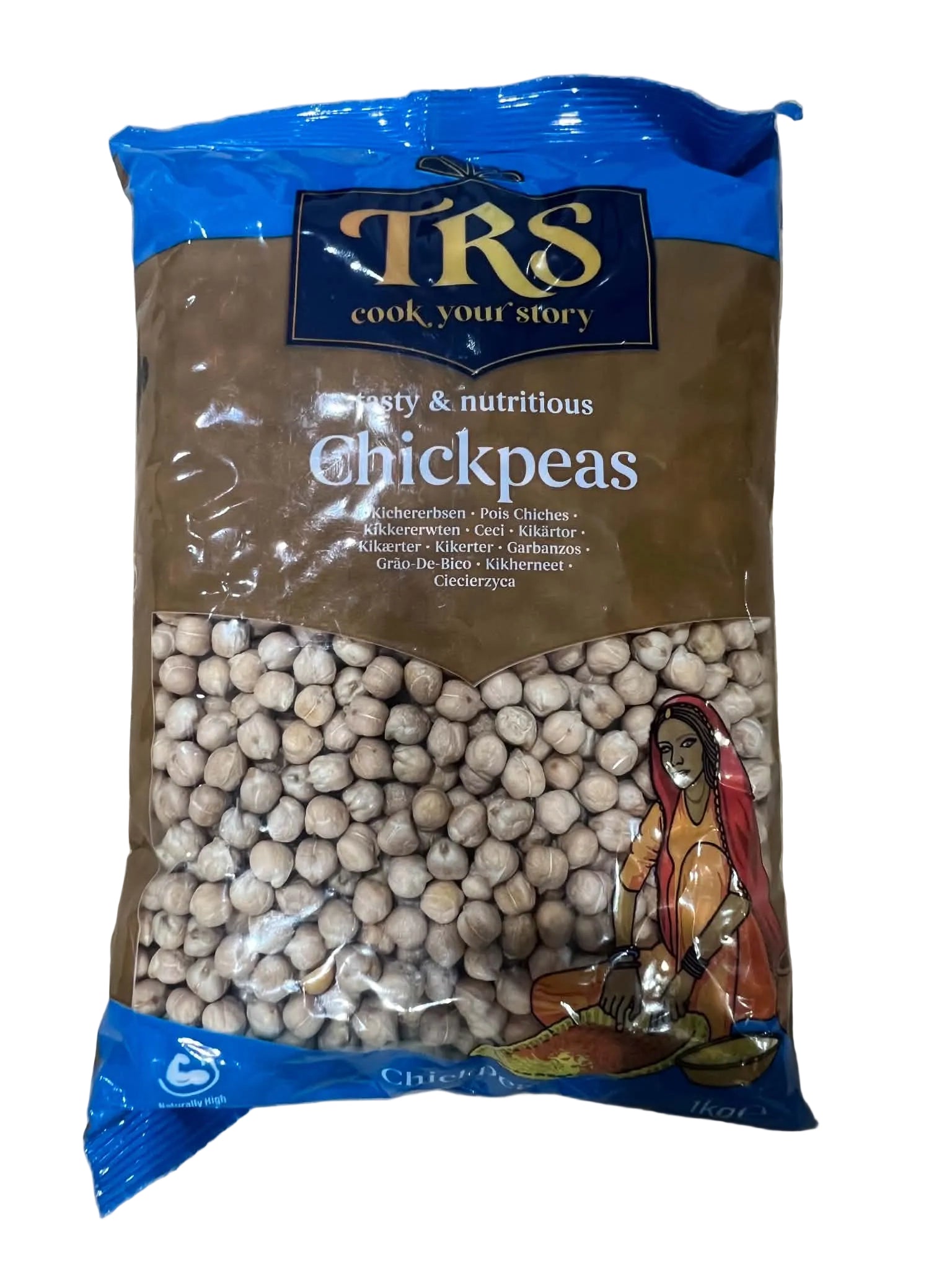 A bag of TFS Organic Chickpeas on a neutral beige tiled surface. The packaging features a brown central section showing the cooked chickpeas, flanked by blue side panels with the TFS logo.