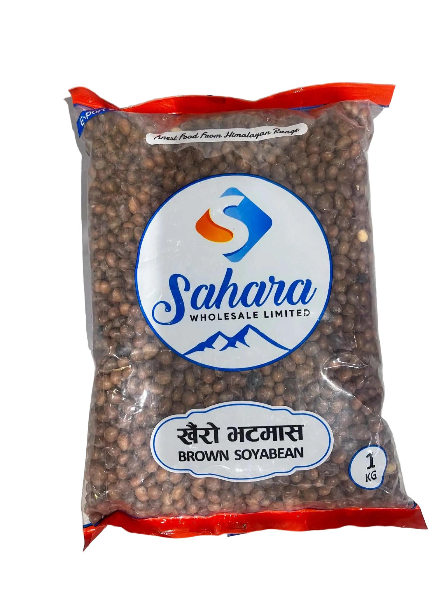 A clear plastic bag of brown soybeans with red side seals and a large circular logo reading 'Sukuna Wholesale Limited.' The bag is photographed on a light gray surface, and the soybeans are visible through the transparent packaging.