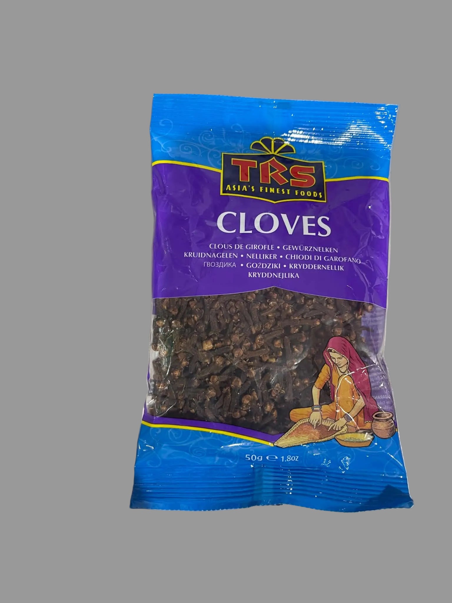 A 500g package ofTRS Asia's Finest Foods whole cloves, featuring a blue and purple bag with a clear window showing the dark brown cloves inside.
