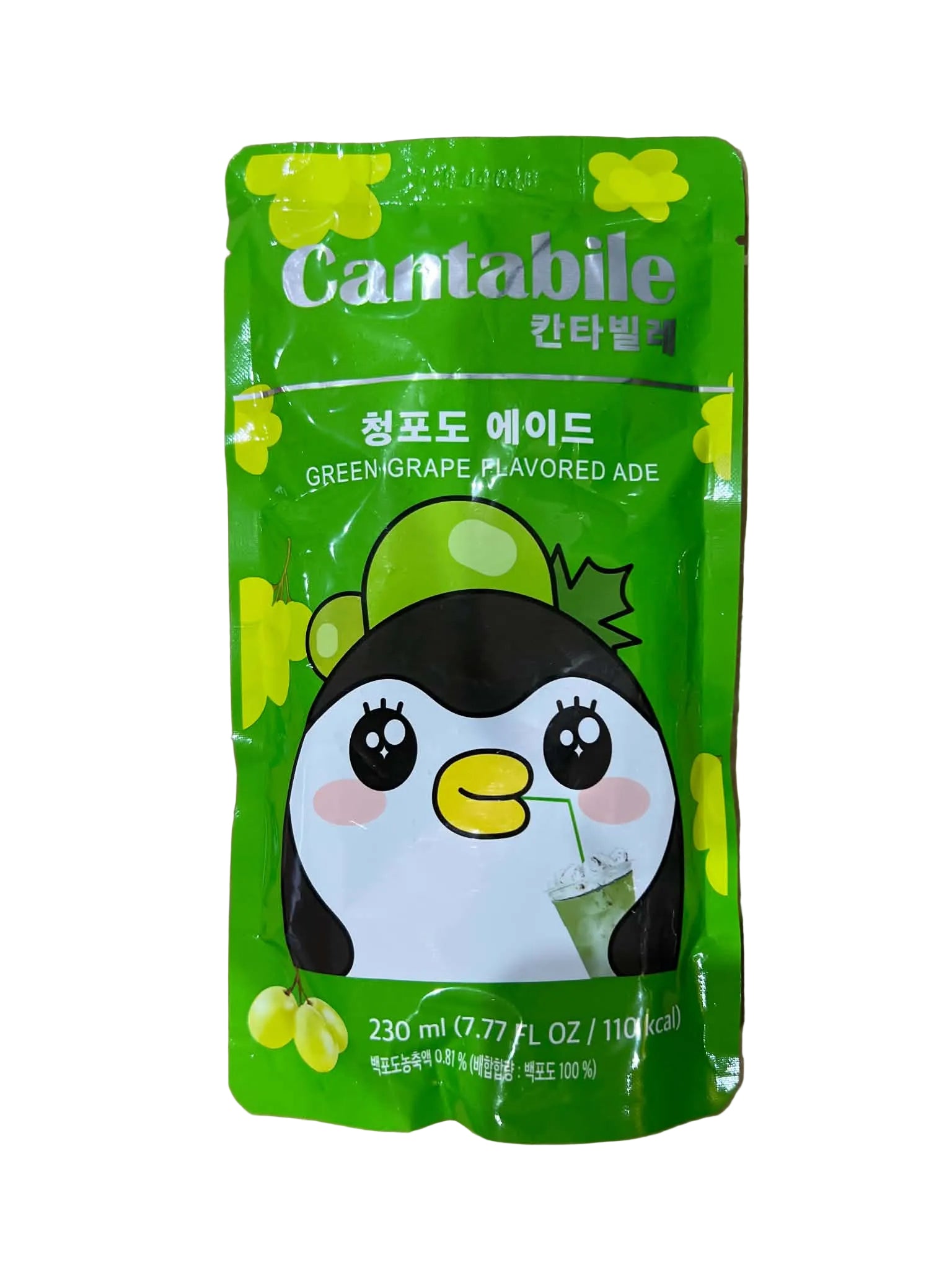 A green stand-up pouch of Cantabile Green Grape Flavored ADE drink, featuring a cartoon penguin wearing a green leaf hat and holding a green drink. The brand name 'Cantabile' is printed in white at the top, with 'GREENGRAPE FLAVORED ADE' below it.