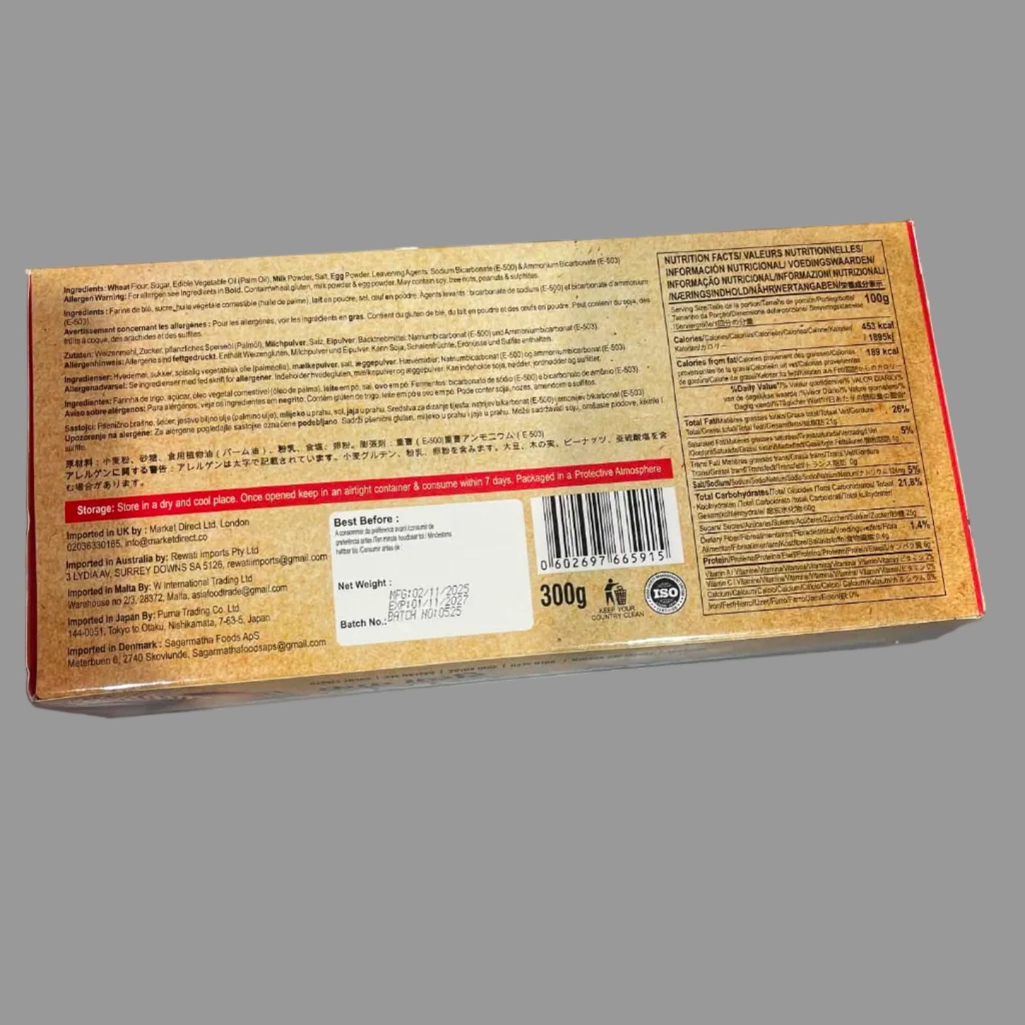 The back of a rectangular cardboard box for 'Biscuit Bakers' brand, showing product details, ingredients, and a barcode, placed on a gray surface.