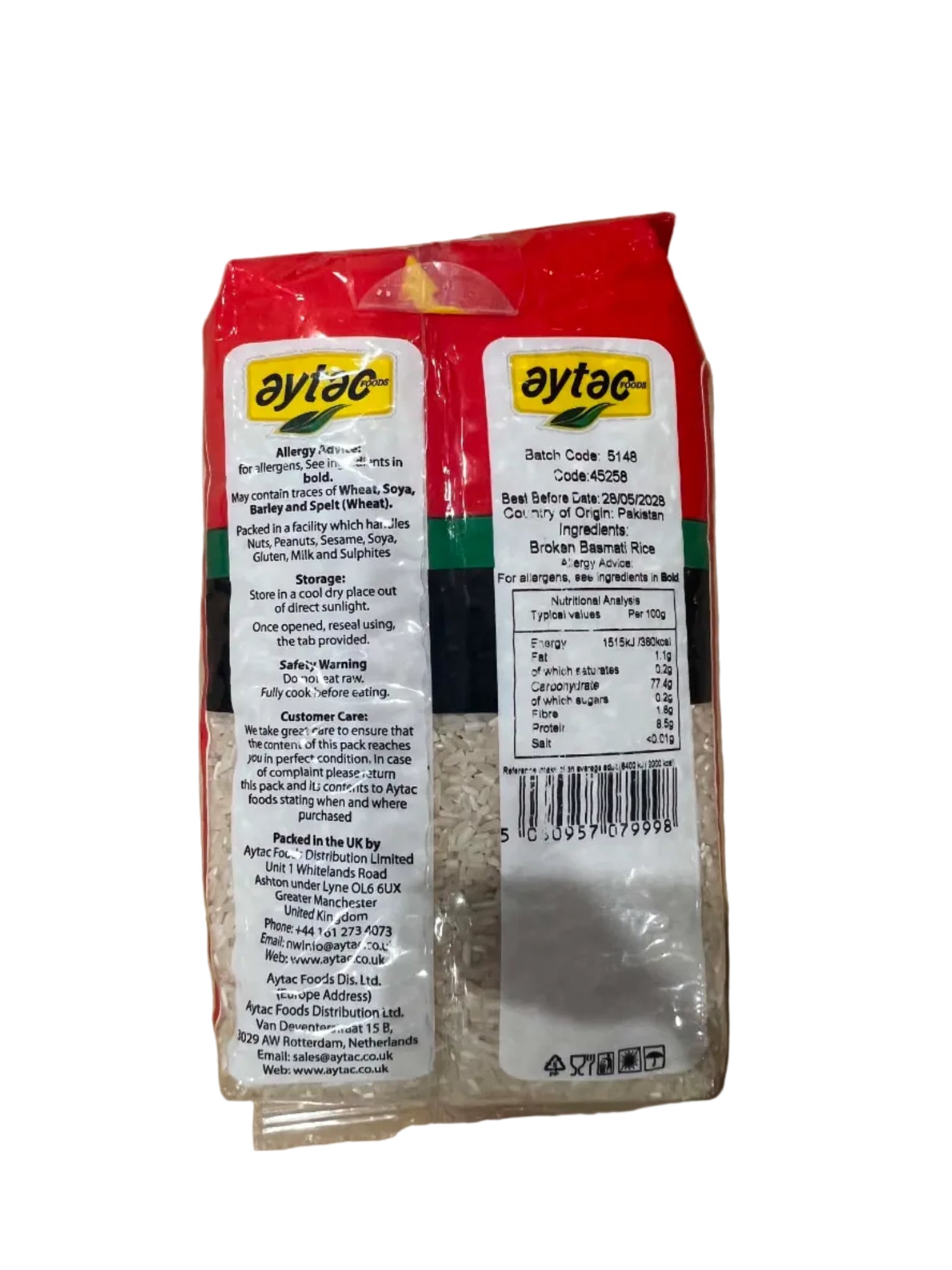 Two packages of Aytec rice on a brown cardboard background, showing the back of the packaging with text, barcodes, and the Aytec logo.
