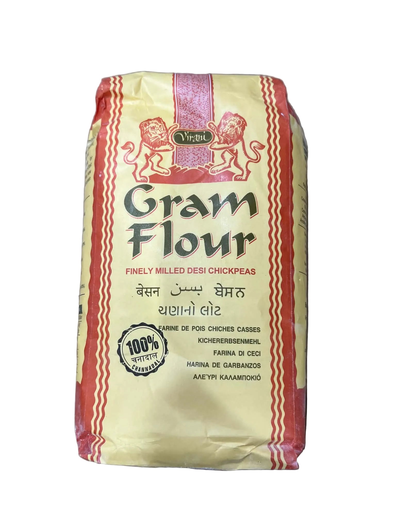 A bag of Ashtamangala Fineely Melted Desi Chikfar Gram Flour, featuring a cream-colored bag with red wavy borders and black text, photographed on a gray surface.
