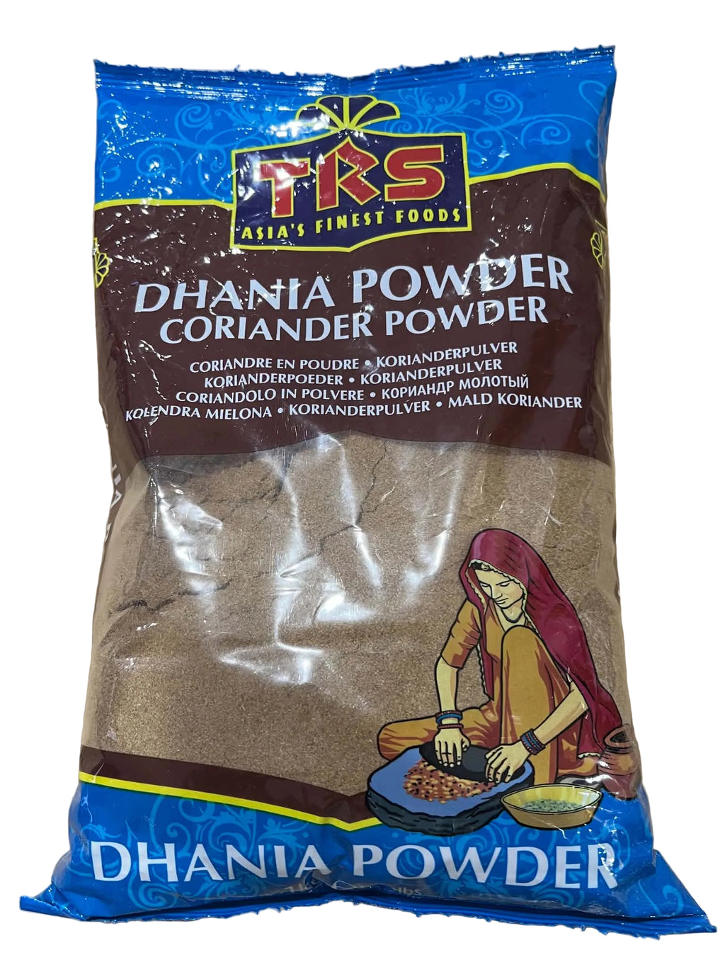 A bag of FRS Dhania Powder Coriander Powder on a brown cardboard background. The packaging features a blue and dark brown design with an illustration of a woman holding a bowl of dried dhania flowers.