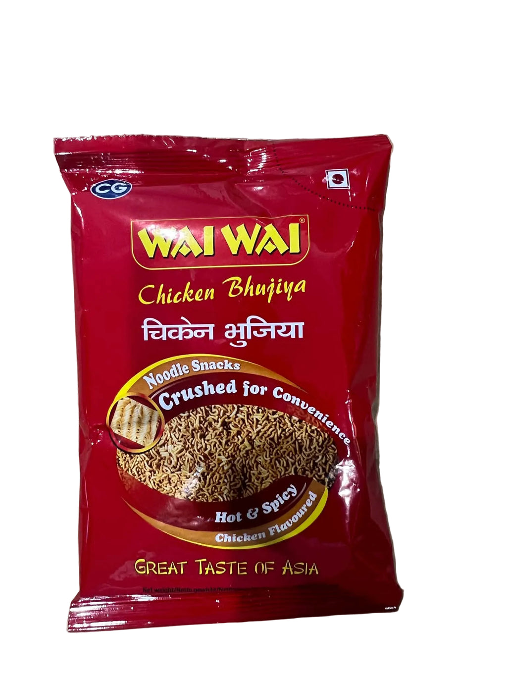 A red bag of Wai Wai Chicken Bhujiya noodle snacks, photographed on a plain cardboard-like surface. The packaging shows the Wai Wai brand name, Hindi text, and a bowl graphic with the crushed spice mix visible inside.