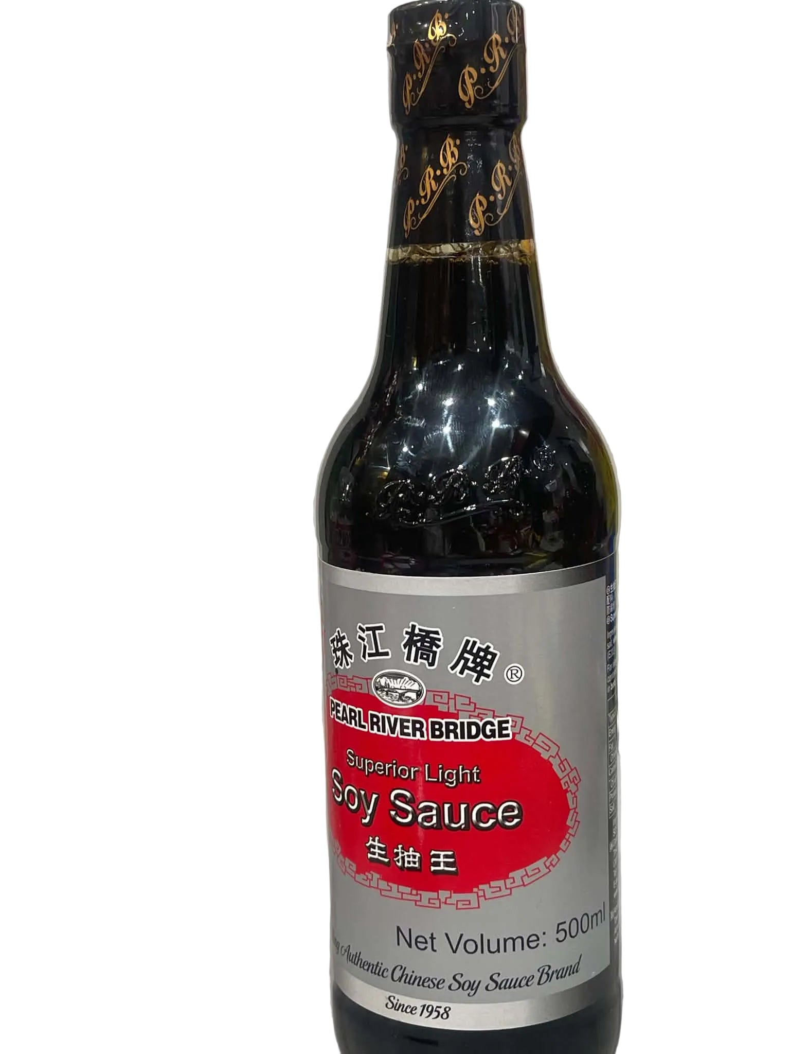 A 500ml bottle of EAU LIVER BRIDGE Superior Light Soy Sauce, featuring a black cap and a silver and red label, set against a light marble background.