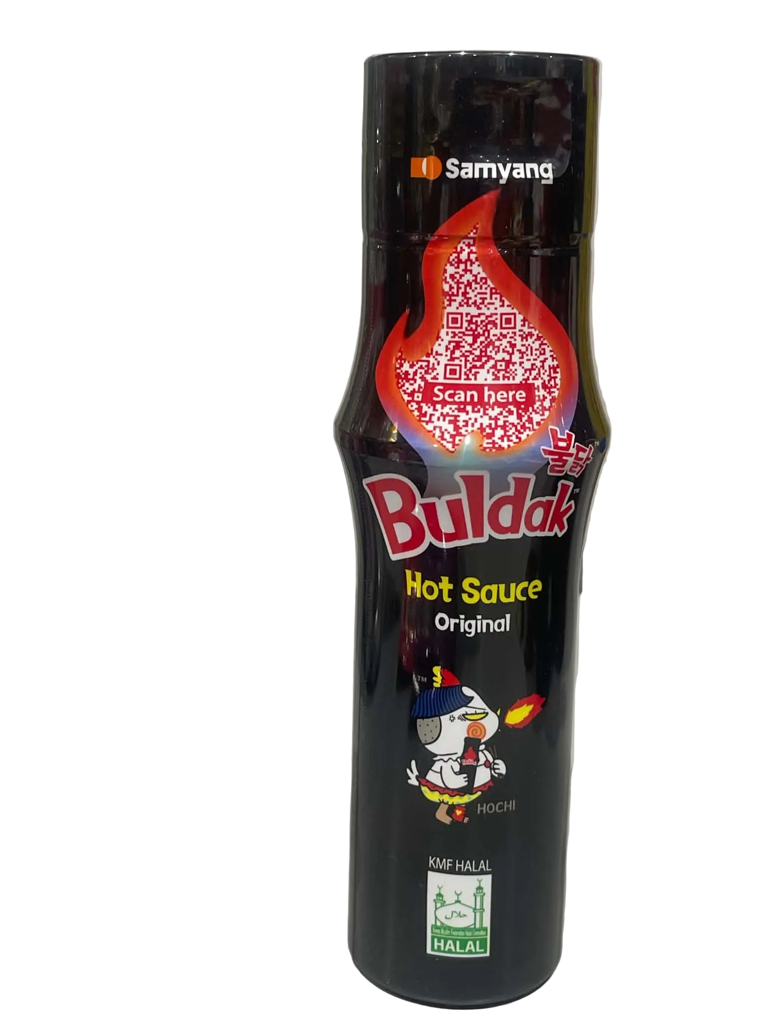 A bottle of Samyang Buldak Hot Sauce Original, featuring its signature black bottle with a red flame logo and a QR code sticker on the front, set against a light marble background.