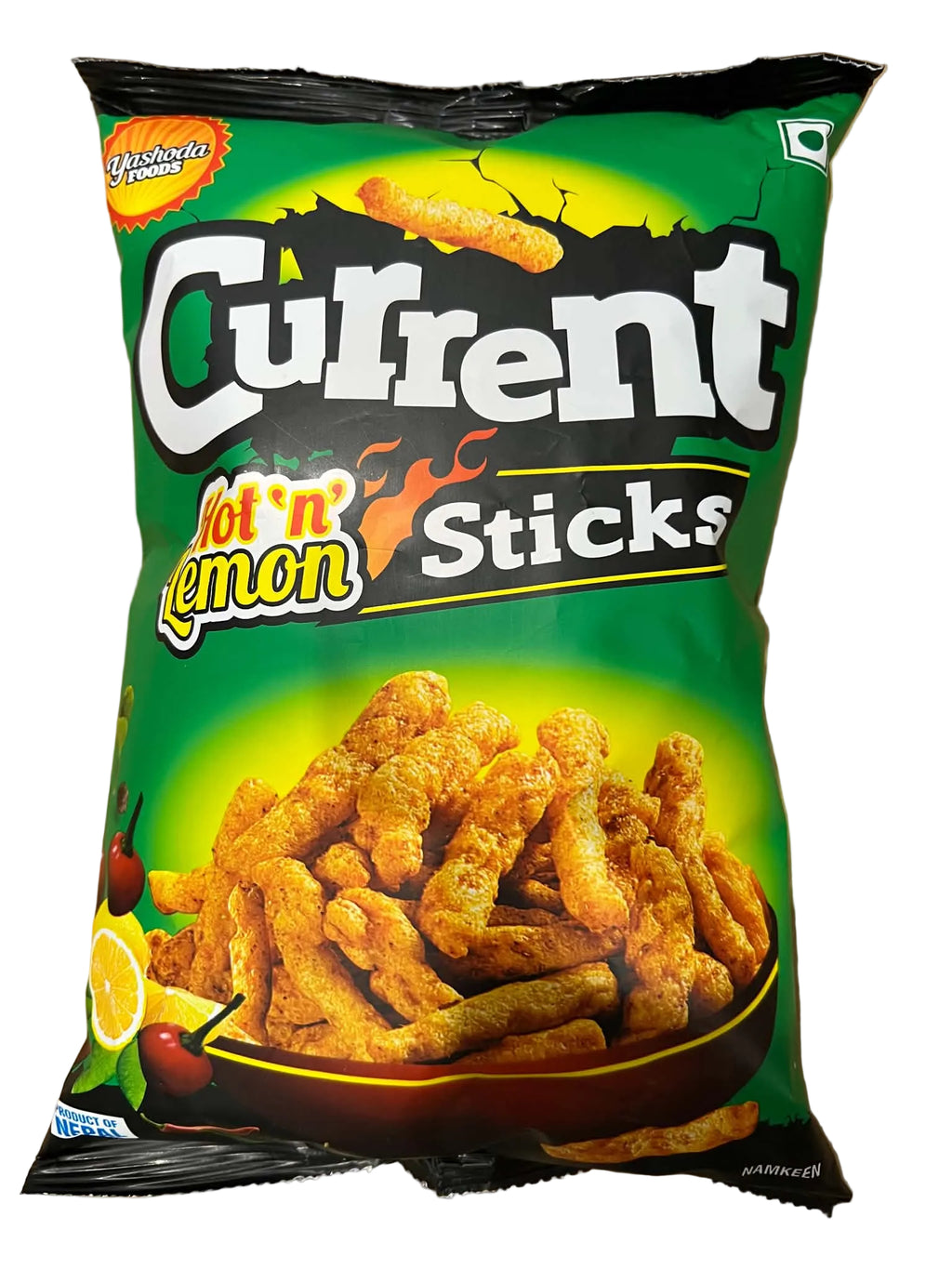 A bag of Current Hot 'n' Lemon Sticks potato chips on a plain brown cardboard background. The packaging is predominantly green with white and black branding, and an image of the golden-brown coated potato sticks on the front.