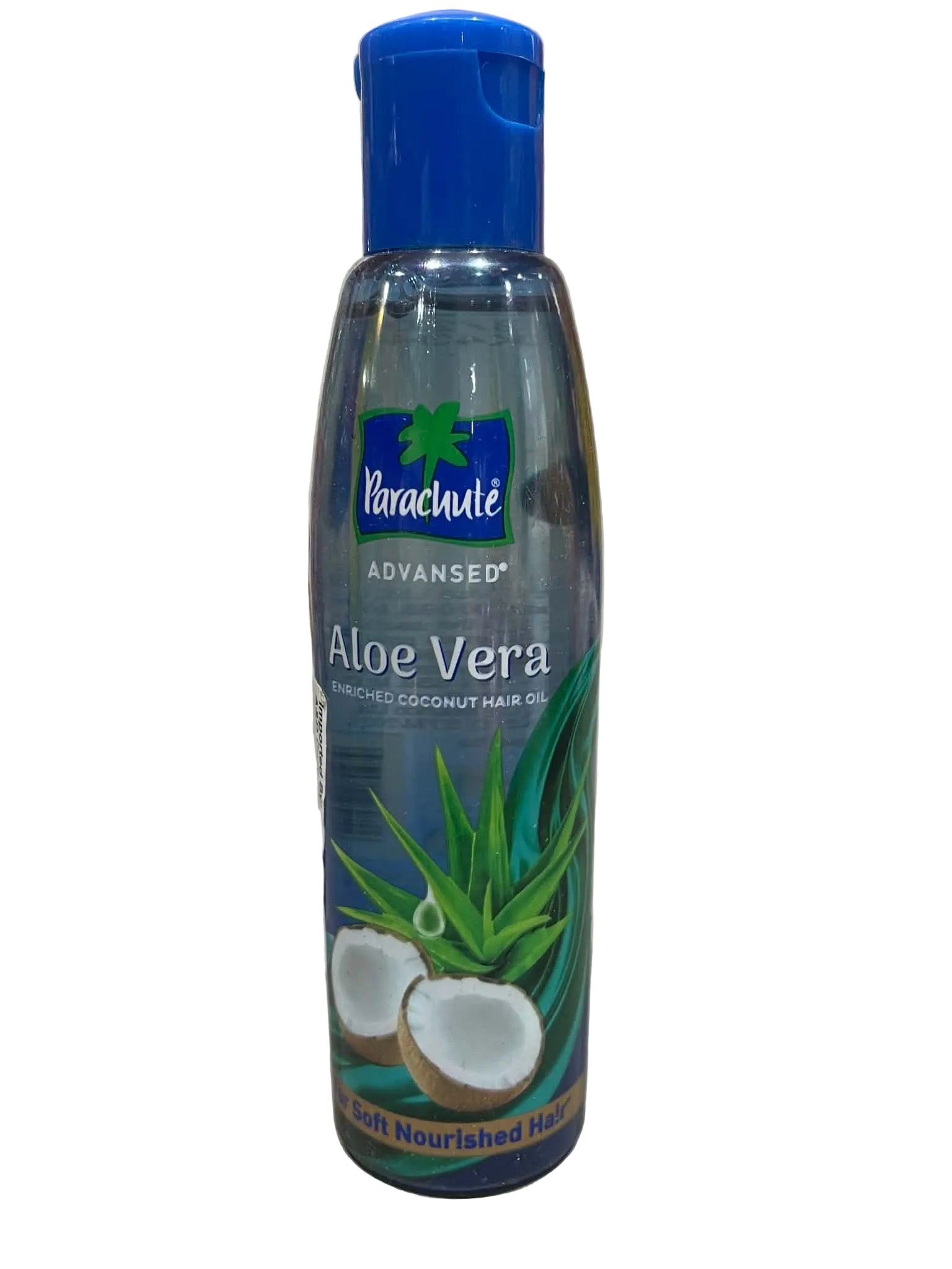A bottle of Parachule Advanced Aloe Vera Infused Coconut Hair Oil with a blue cap, standing on a light-colored surface against a marble-patterned background.