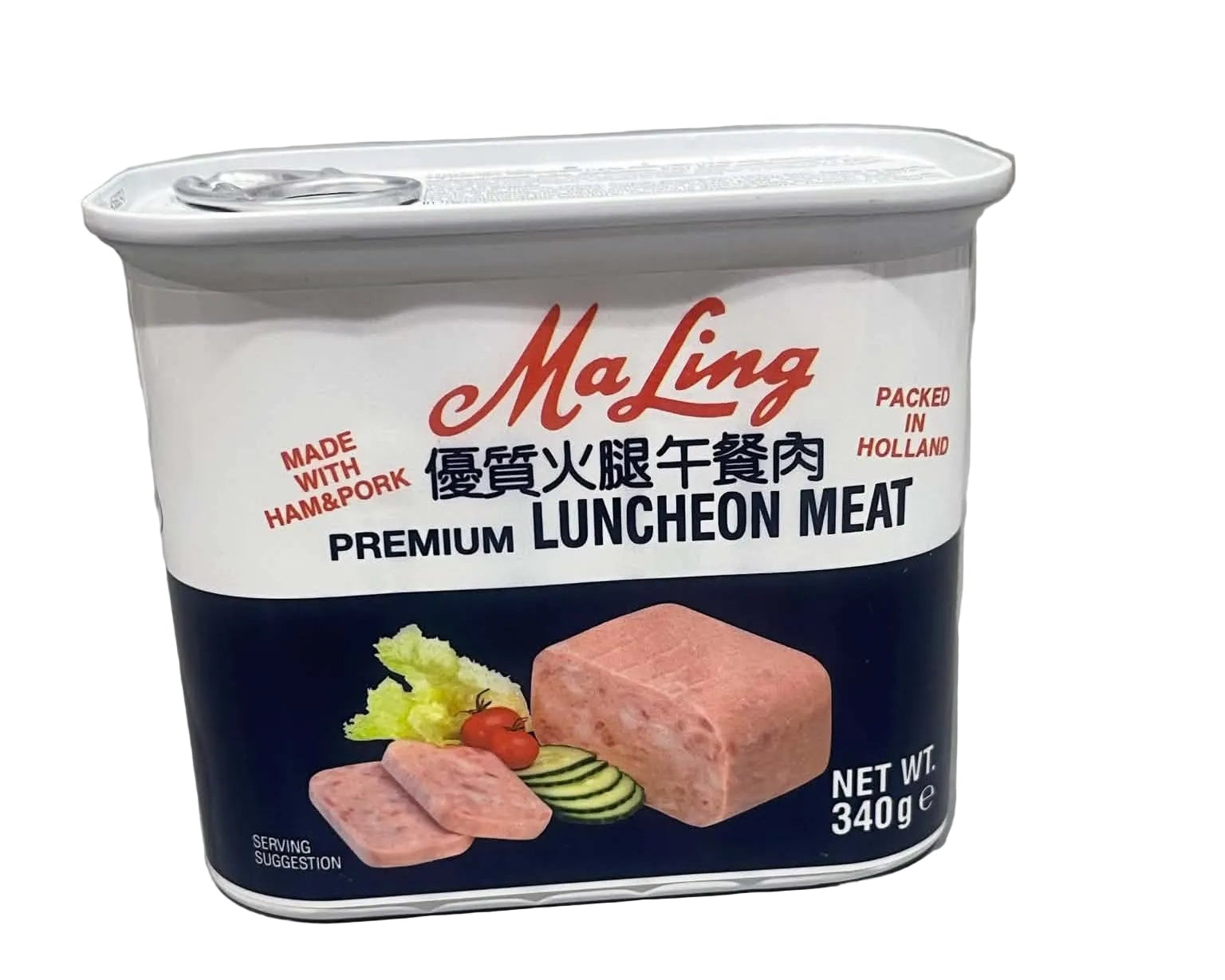 A can of Maling Premium Luncheon Meat on a light gray countertop. The can features a white top lid, a white upper label with red script branding, and a dark navy blue lower label with product imagery of sliced luncheon meat, lettuce, cucumber, and tomato.
