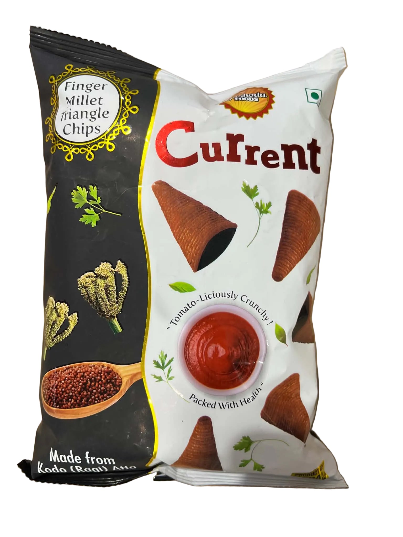 A bag of Current brand Finger Millet Triangle Chips, featuring a split black and white design with illustrations of the chips, kodo beans, and a serving suggestion with ketchup, set against a brown cardboard background.