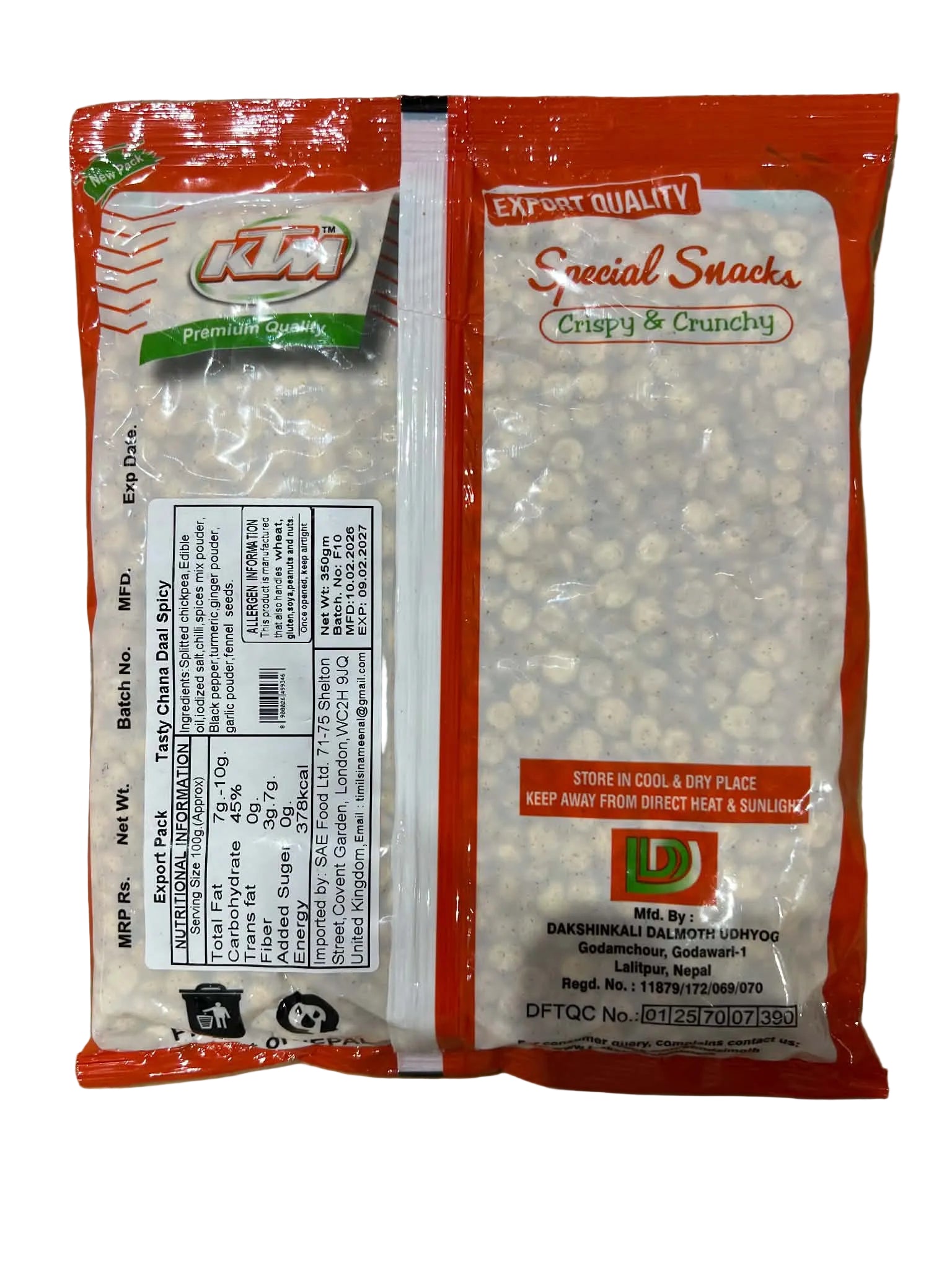 A bag of K/L Special Snacks 'Crispy & Crunchy' potato chips on a brown cardboard background. The packaging is red, white, and clear, showing the white potato chips inside.