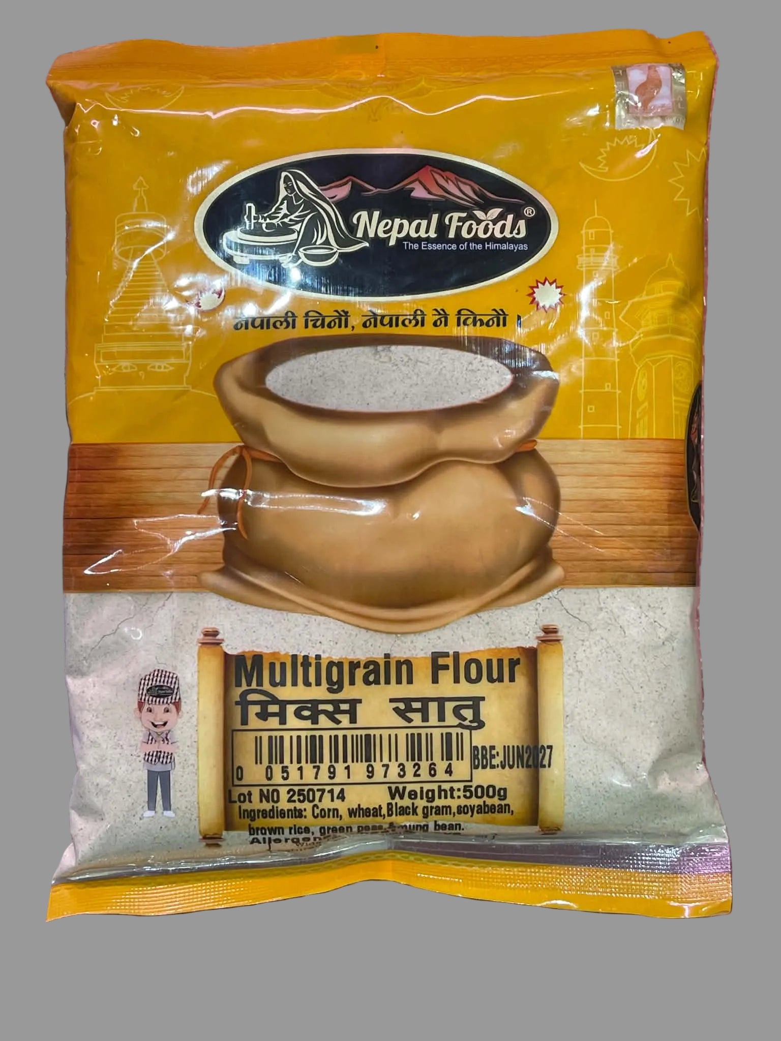 A 500g bag of Nepal Foods Multigrain Flour, featuring a yellow and brown packaging design with an illustration of a sack of flour and a depiction of a traditional Nepalese dish, set against a textured pink background.