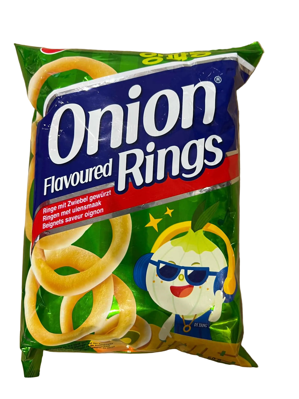 A bag of Onion Flavoured Rings chips on a brown cardboard background. The packaging is green and blue with white text, showing the brand name 'Onion' prominently, along with a cartoon onion character wearing sunglasses.