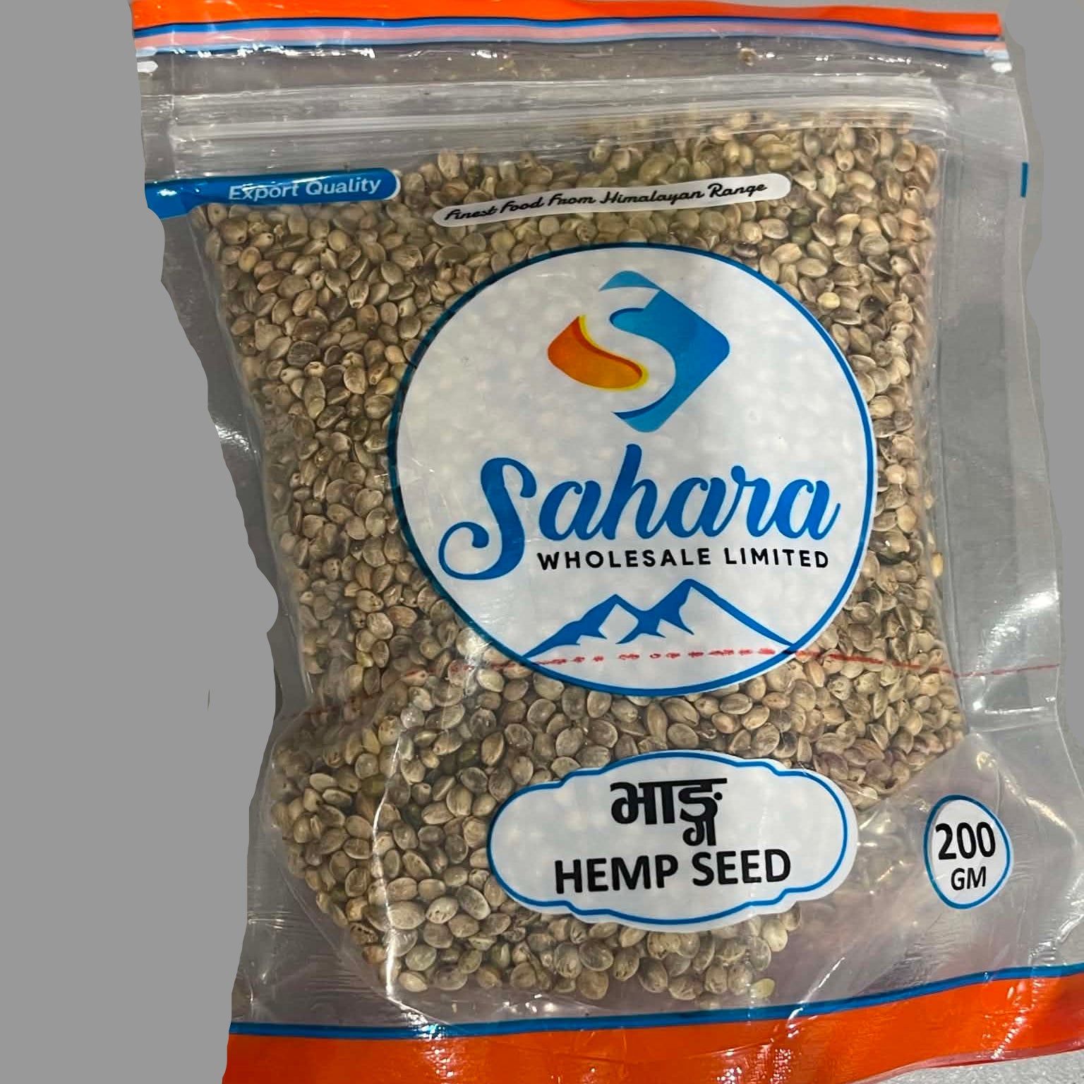 A 200g clear plastic bag of Sahara Wholesale Limited hemp seeds, showing the light brown seeds inside through a transparent package with a white, blue, and orange label.