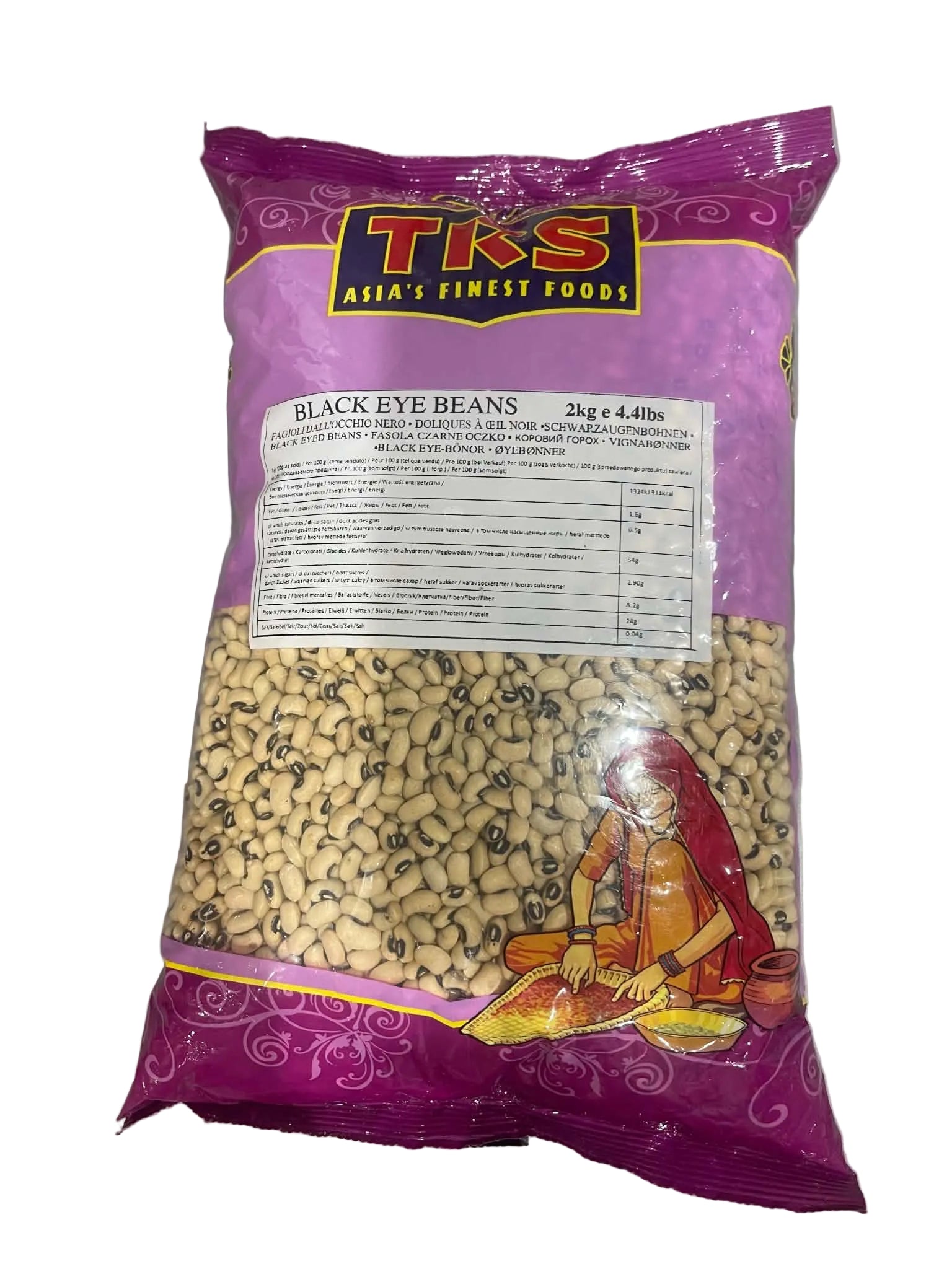 A 25kg bag of TKS Black Eye Beans on a light gray surface. The packaging is primarily purple with a clear window showing the black-and-beige beans inside, and features the TKS logo at the top and an illustration of a woman at the bottom.