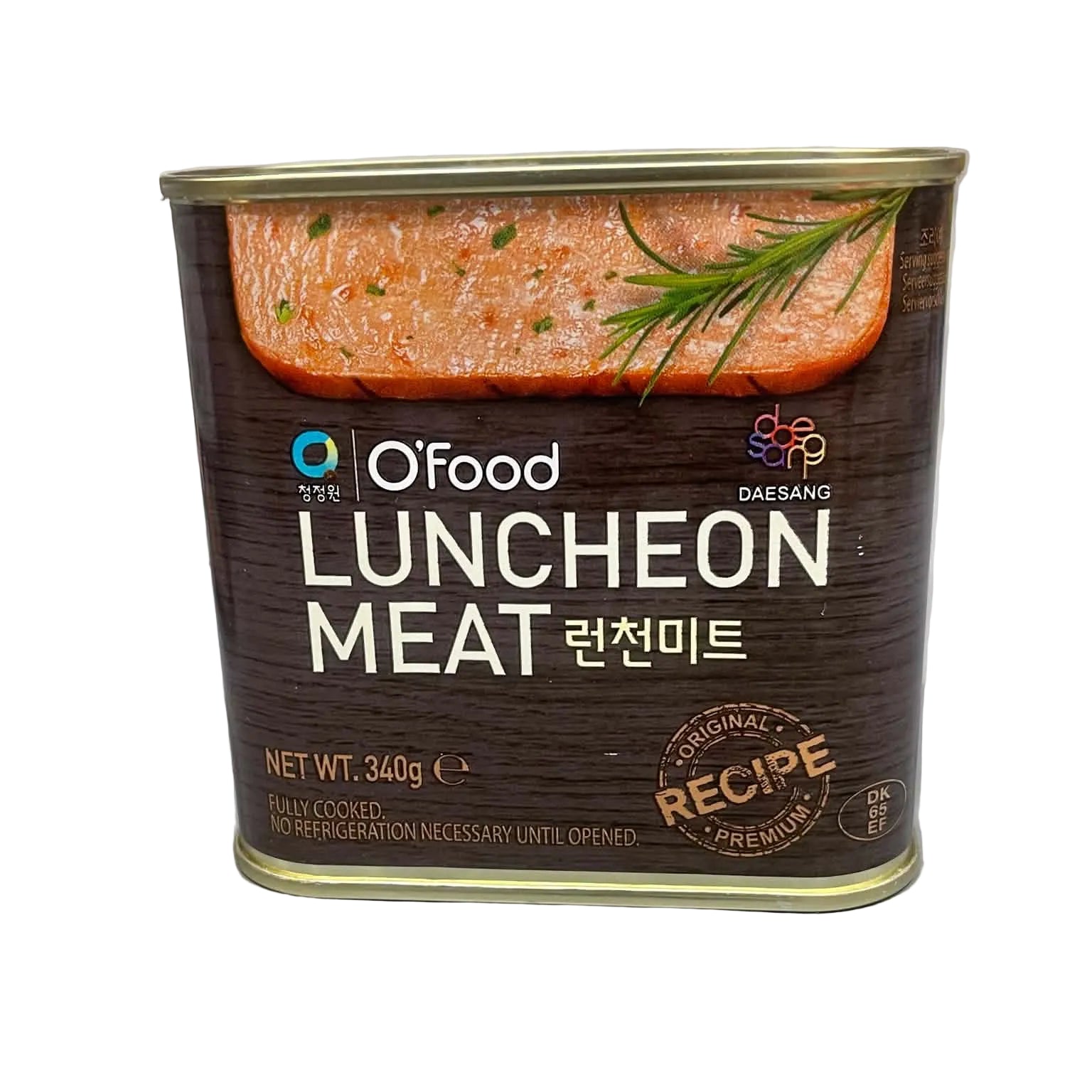 A can of O'food Daesang Luncheon Meat (Original Premium) on a light gray surface with a white background.