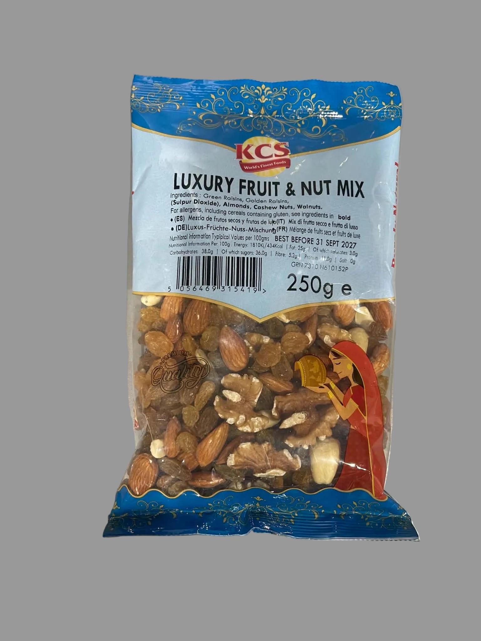 A 250g bag of CC Luxury Fruit & Nut Mix, showing a clear window revealing a mix of almonds, walnuts, raisins, and dried fruits, set against a plain light gray background.