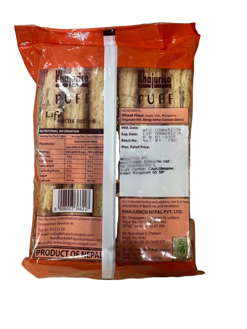 A package of Puffins brand 'Lifeforce' puff pastry, showing the back of the orange and white plastic packaging with nutritional information and product details, placed on a brown cardboard background.