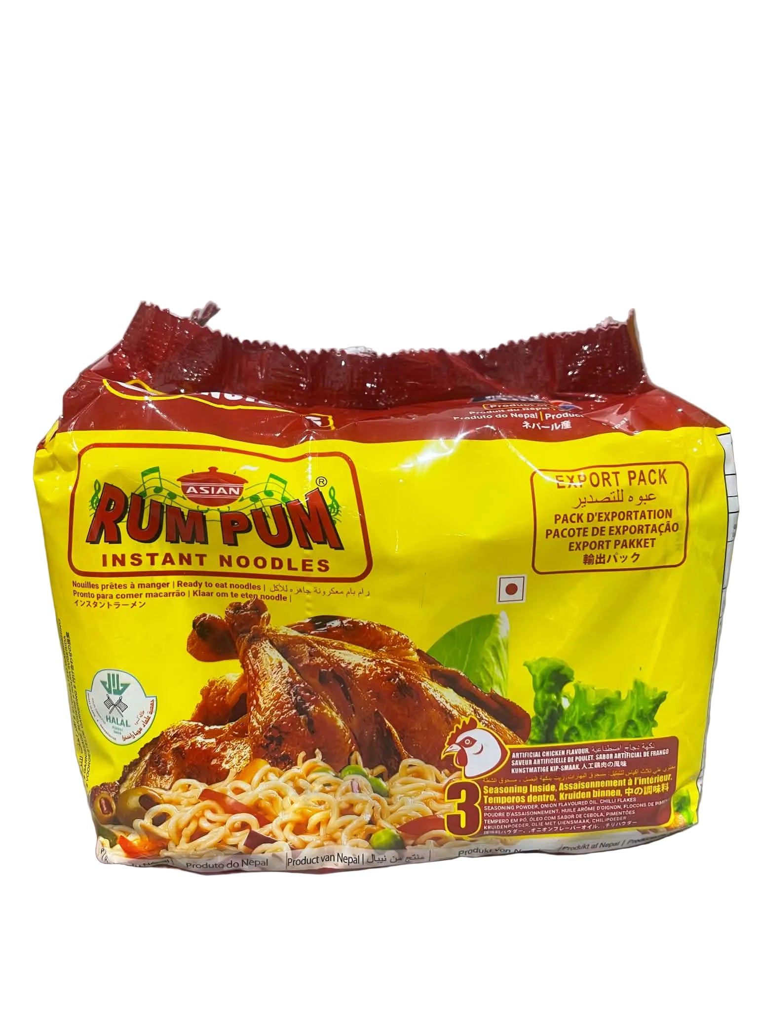 A package of Asian Rum Pum Instant Noodles, featuring a bright yellow and red bag with an illustration of roasted chicken and noodles, set against a marble-patterned background.