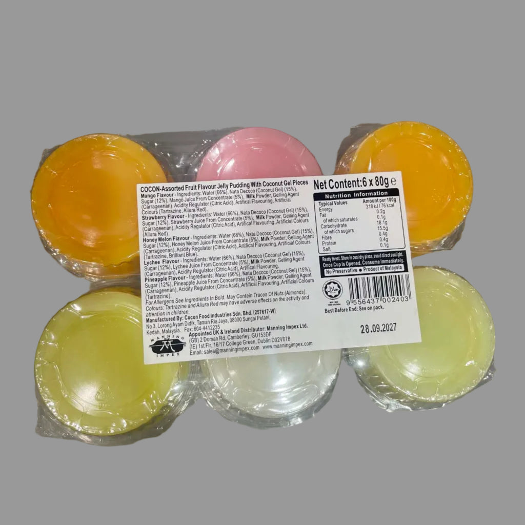 A package of six COCAH Absolute Flavour Puling Mlk Confectionery Flavour Jels in assorted translucent colors, sealed in clear plastic with a white product information label on a gray background.