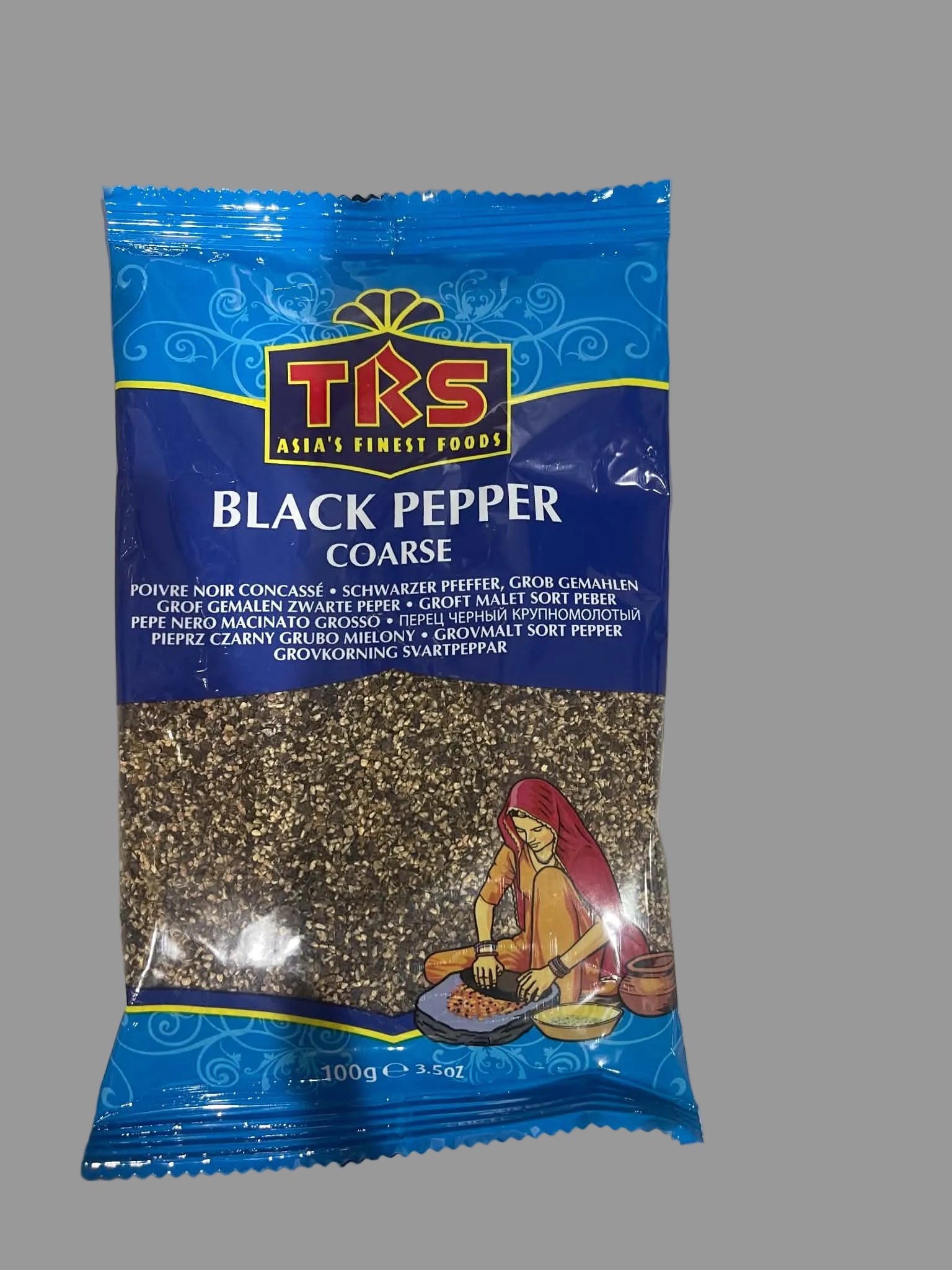 A 100g package of TKS Black Pepper Coarse, featuring a blue and yellow bag with a clear window showing the coarse black peppercorns inside, set against a plain gray background.