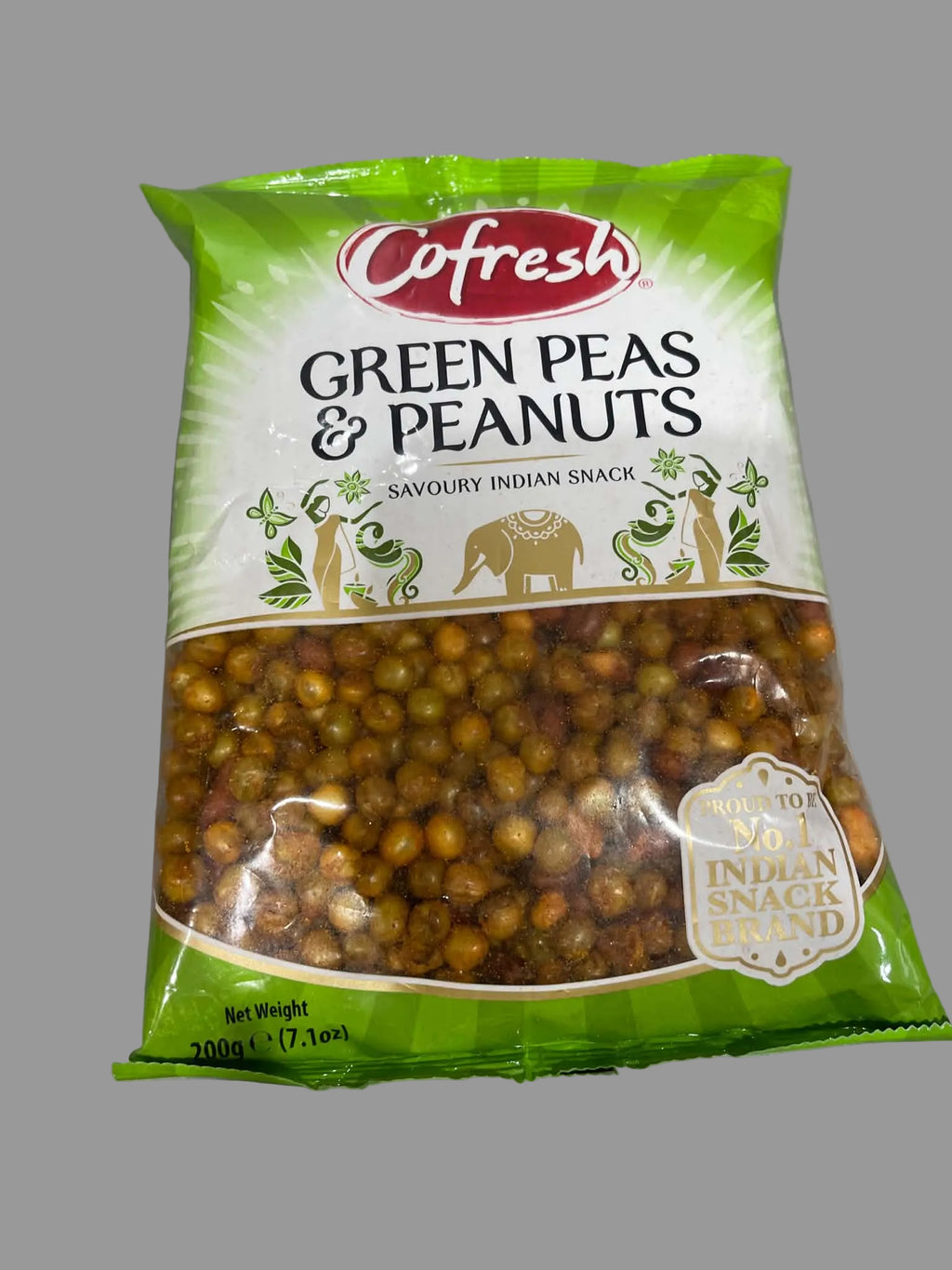 A 200g bag of Cofresh Green Peas & Peanuts Savoury Indian Snack, showing the green and white packaging with a clear window displaying the roasted green peas and peanuts inside.
