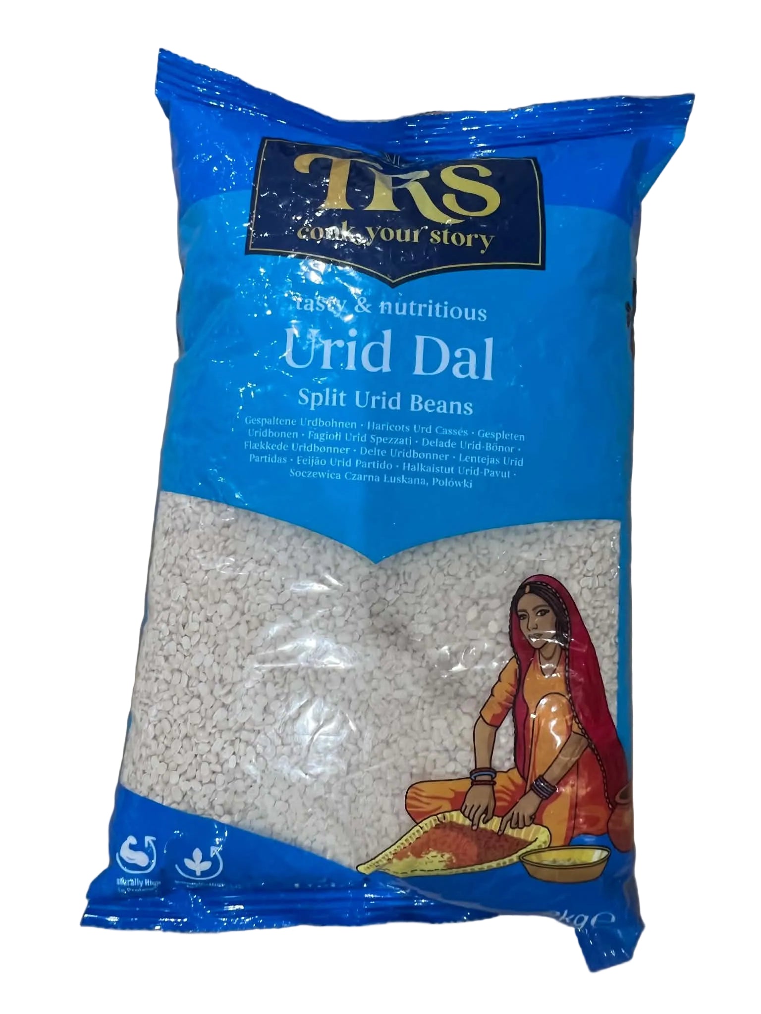 A bag of Tulsidas Urid Dal split red beans, featuring a bright blue packaging with a graphic illustration of a woman in traditional attire and a clear window showing the white beans inside, placed on a cardboard surface.