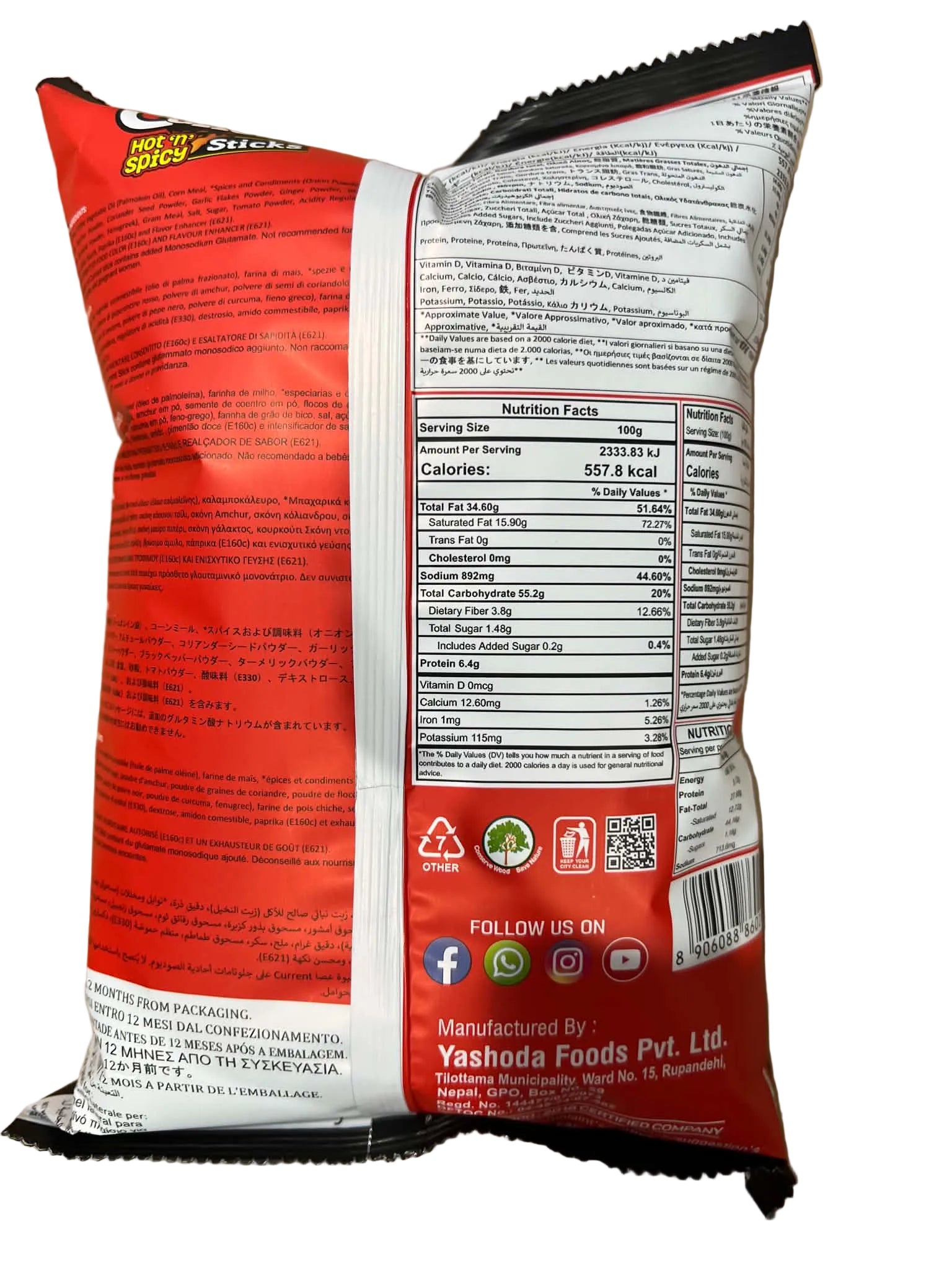 The back of a red and white bag of potato chips, showing the nutrition facts panel, barcode, and manufacturer details for Yeahoda Foods Pvt. Ltd.