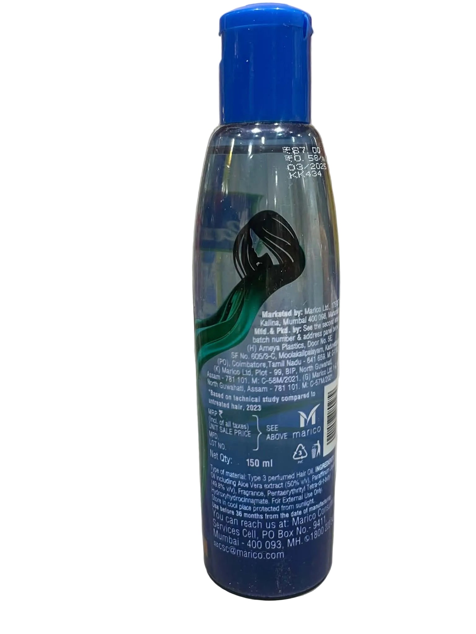 A bottle of hair oil with a blue cap and a blue label featuring a black hair graphic and green accent, standing on a light surface with a marble-patterned background.
