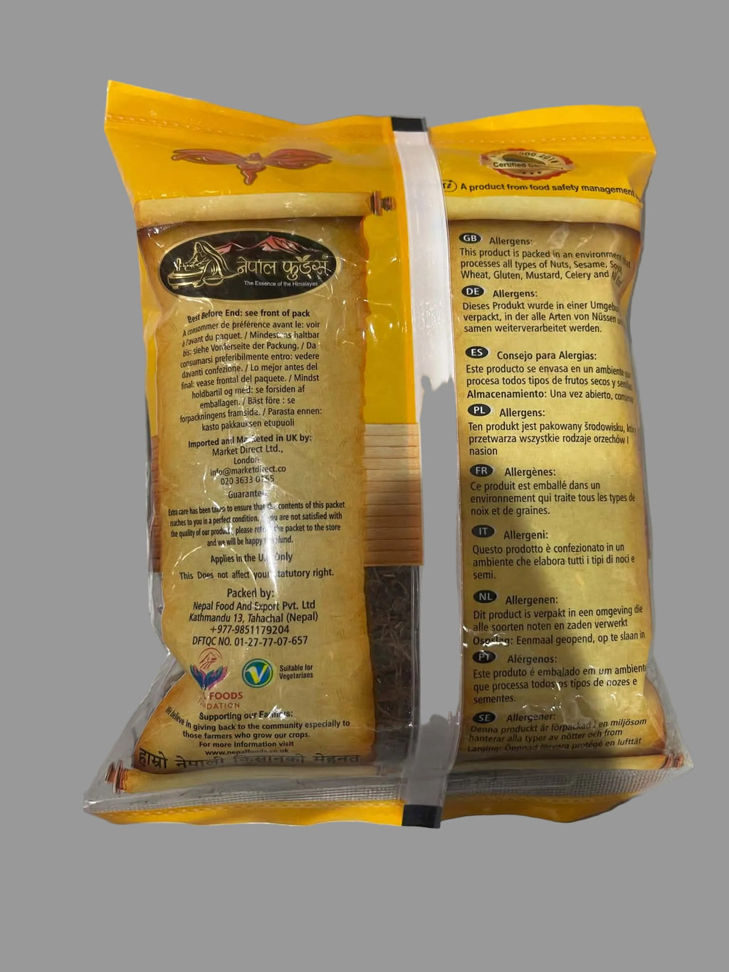 Two bags of Nizam's Royal Decree Paratha Wraps, showing the back packaging with text details, sealed in a clear plastic bag with a white band.