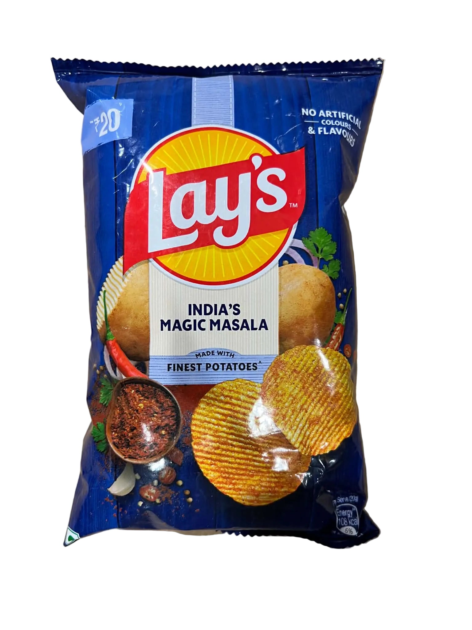 A bag of Lay's India's Magic Masala potato chips on a plain cardboard background.