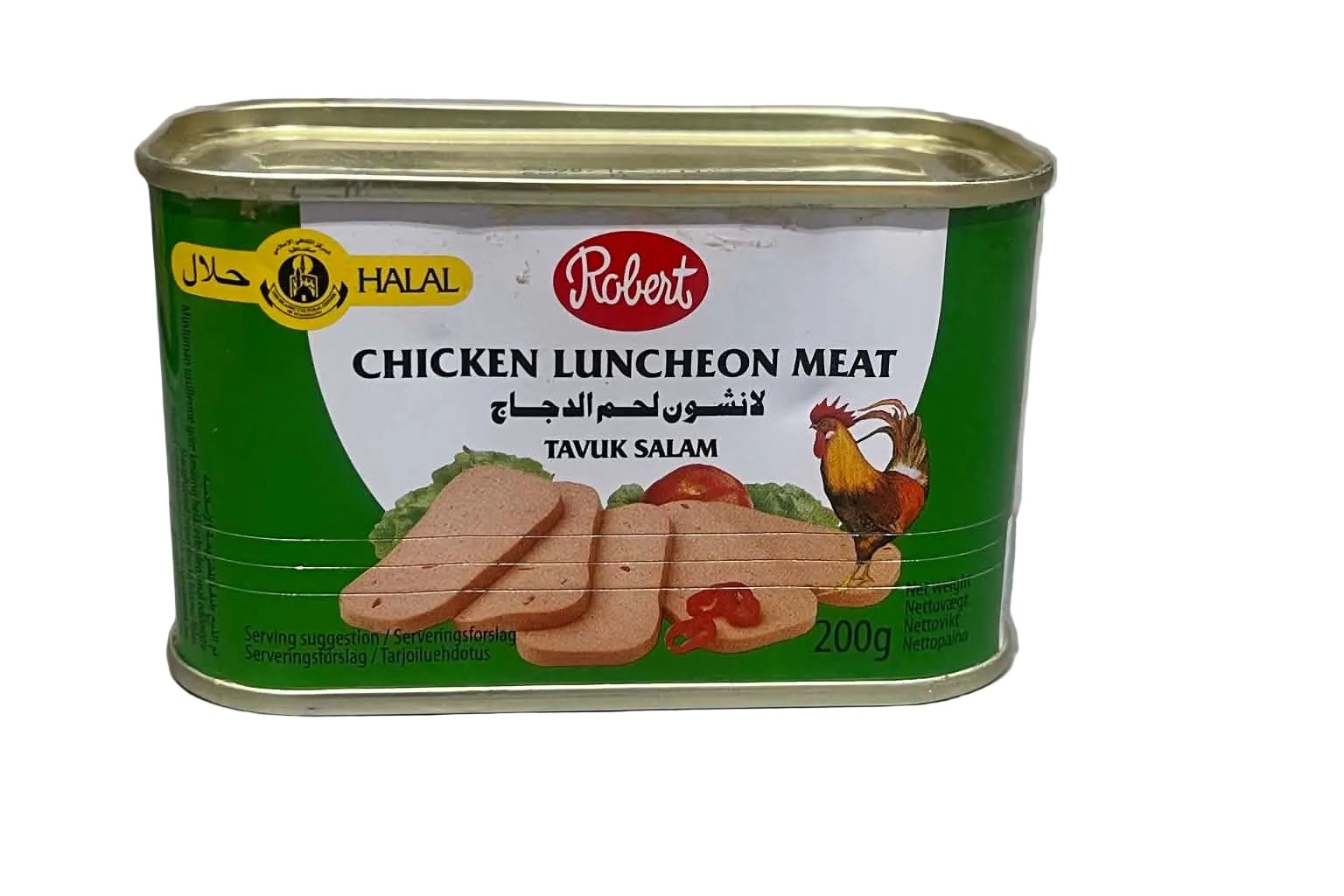 A can of Robert Halal Chicken Luncheon Meat (Tavuk Salah) on a light gray marble-patterned surface with a white background.
