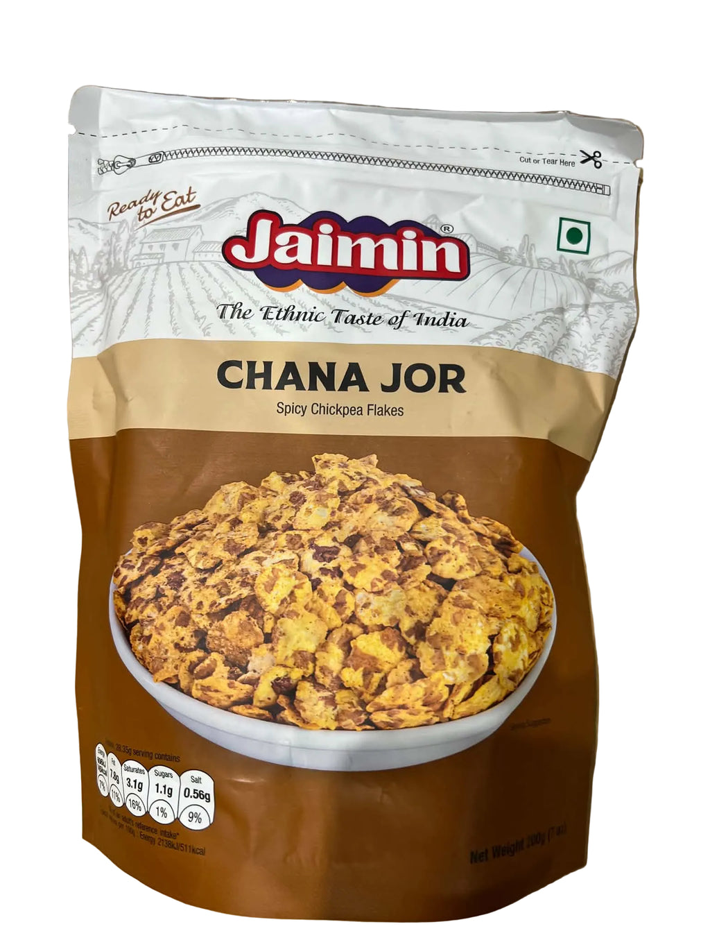 A 1 kg bag of Jaimin Chana Jor Spicy Chickpea Flakes on a brown cardboard background.