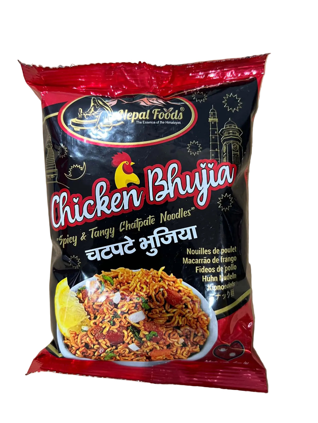 A package of Nepal Foods Chicken Bhujja noodles, featuring a black and red bag with a photo of the prepared spicy fried noodles and a lemon wedge on the front.