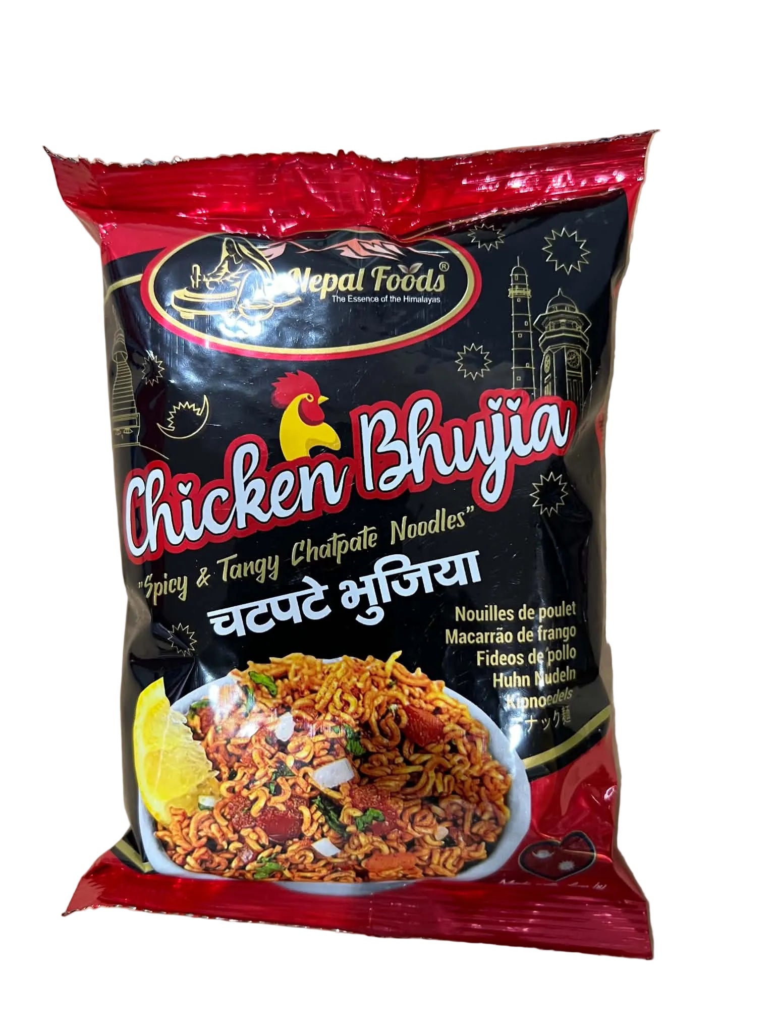 A package of Nepal Foods Chicken Bhujja noodles, featuring a black and red bag with a photo of the prepared spicy fried noodles and a lemon wedge on the front.