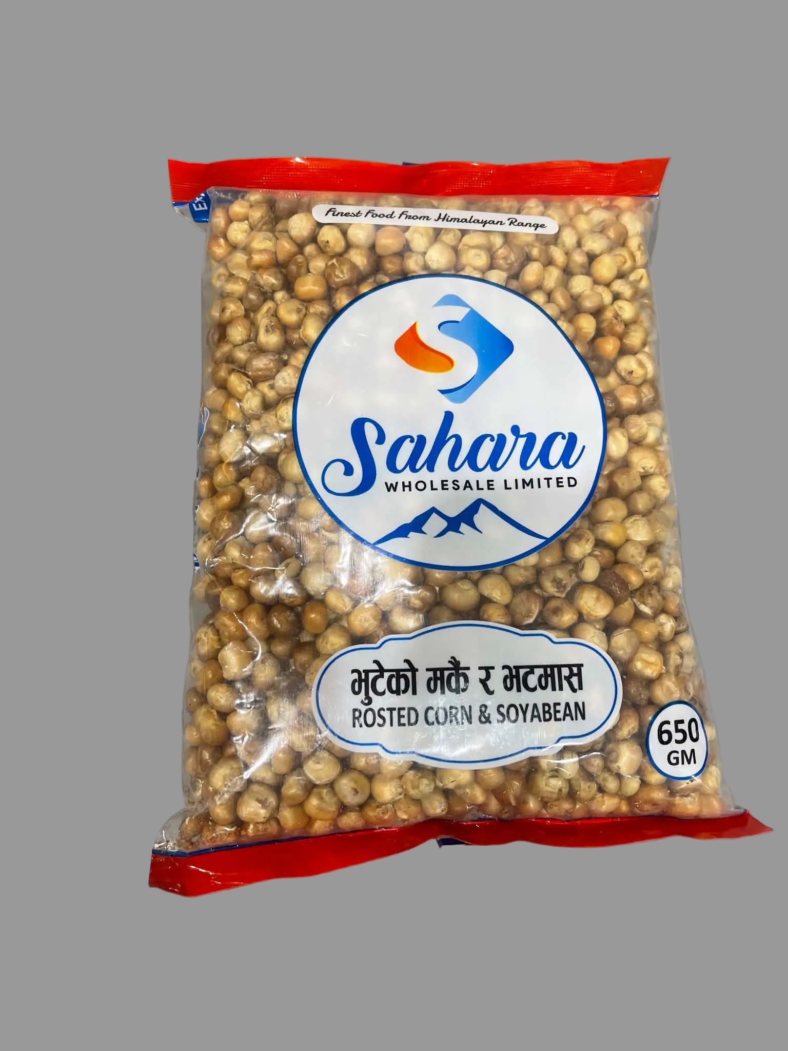 A 650g bag of Sahara Wholesale Limited Pôsted Curn & Soyabean (Roasted Chana and Soybean) snacks, shown in its clear plastic packaging with red borders and a white circular logo, set against a neutral gray background.